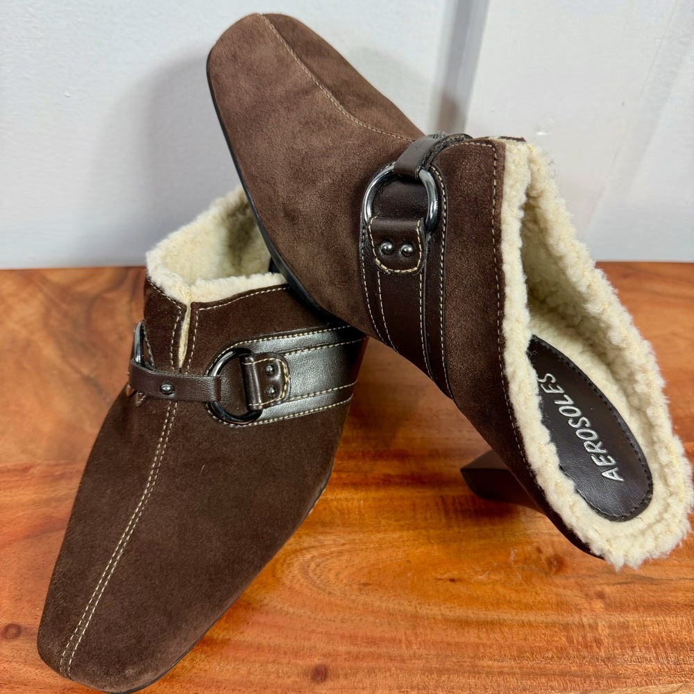Aerosoles Brown Suede Sherpa Lined Mule Clogs Heels Women's‎ Size 7.5M